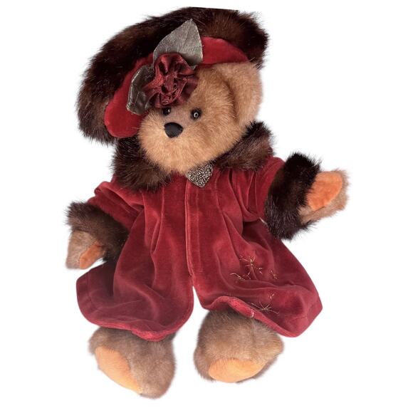 Jerry Elsner TEDDY BEAR 14” Faux Fur Coat Hat Burgundy Flower Heart Button Plush - Picture 1 of 6